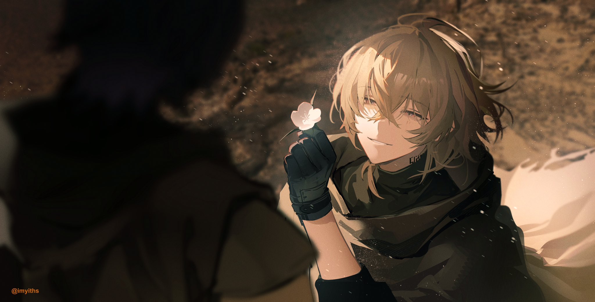 the digital art depicts a detailed closeup of two anime characters. the focal point is a young man with long, light blonde hair. he's wearing dark, tacticalstyle clothing including gloves and a scarf, and  is softly smiling as he offers a delicate, white flower to another character whose face is mostly obscured and who appears to be wearing darker clothing. the background suggests a desert or sandy environment with dust or wind particles visible in the air. the scene is rendered in a style that blends realism and anime aesthetics, featuring soft lighting and atmospheric effects to create a mood that is both mysterious and emotionally charged. the focus on the facial expressions and the offering of the flower implies a significant emotional connection or a tender moment between the two characters.