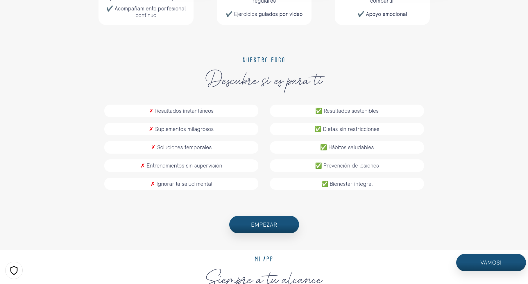 the image is a website screenshot promoting a health and fitness app. the site features a  headline "discover if it's for you",  a list of common health and fitness approaches, some labeled with "x" to represent common misconceptions and "v" for the app's approach. it also has a button to start the app.