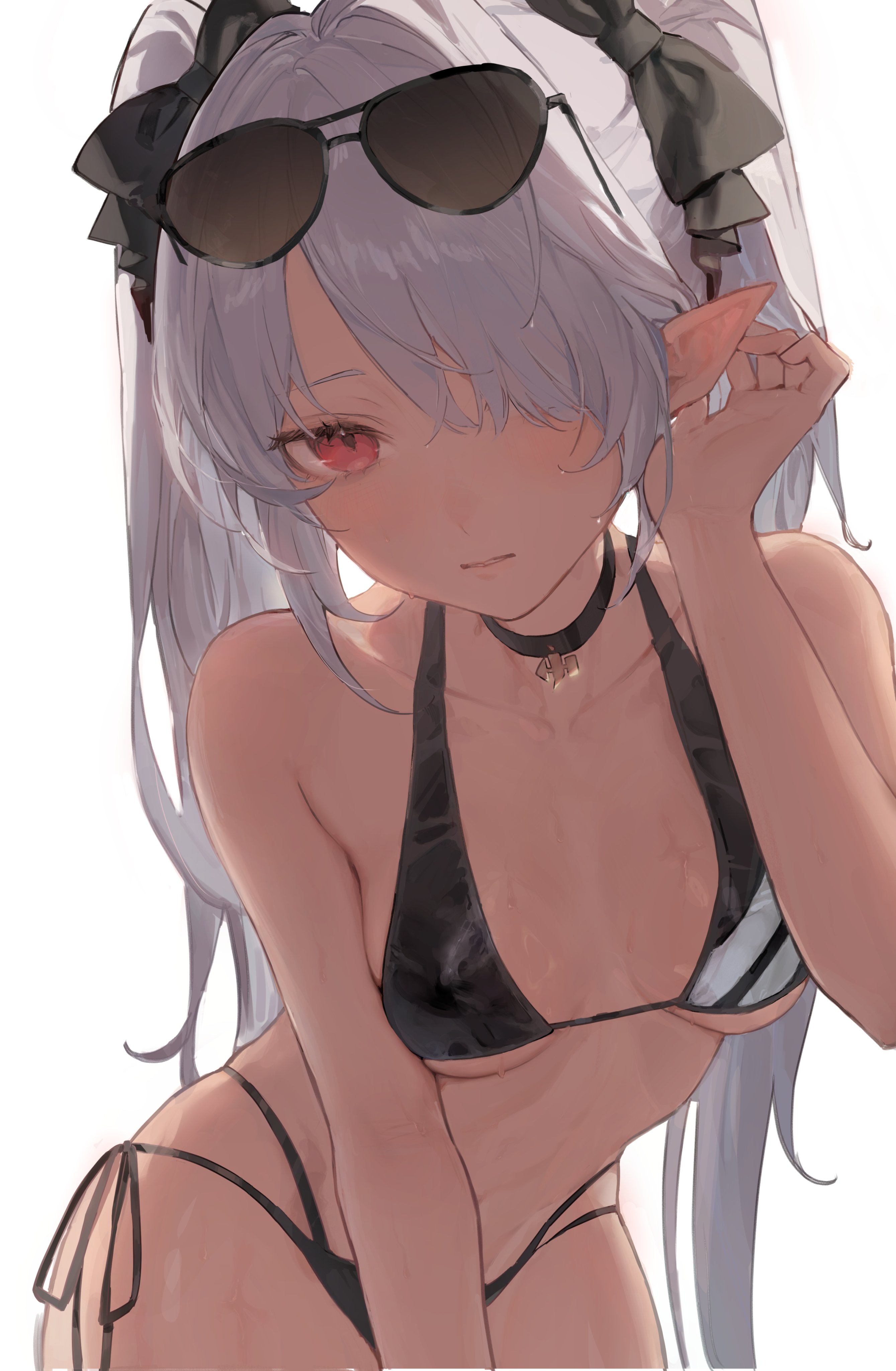 the image is a digital painting of an animestyle elf girl.  she has long, white hair tied in pigtails with black bows. she's wearing dark sunglasses, a black and white bikini, and a choker necklace. her skin is tan, and she has reddishpink eyes. the girl is posing with one hand near her face, and her expression is somewhat coy. the style is soft and slightly sensual, with a focus on her features and the details of her attire. the background is plain white, emphasizing the figure.