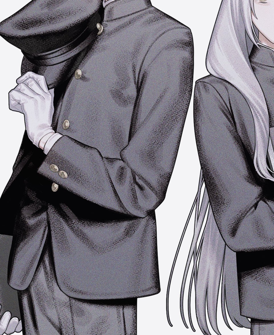 he image is a closeup illustration of two animestyle characters, a boy and a girl, standing sidebyside. they are dressed in dark gray school uniforms. the boy is holding a cap in his hand, and the girl has long, straight hair. the style is monochrome, creating a mysterious and elegant atmosphere. the image focuses on the characters' clothing and posture, with a shadowy and dark tone. the overall artistic style is reminiscent of manga or anime illustrations.