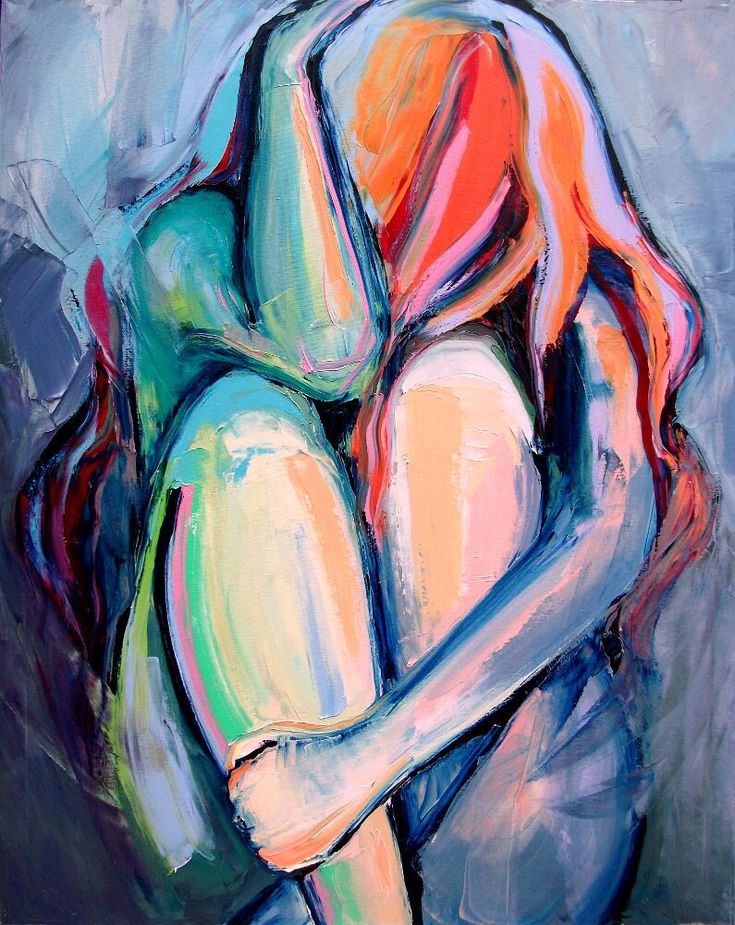 an abstract oil painting of a woman sitting with her arms wrapped around her legs, looking down and seemingly sad. the woman is depicted in a mix of colors: blue, red, green, pink, white, and turquoise, which make the painting appear colorful and abstract. the strokes of the brush are visible, adding to the texture of the painting. the painting is expressionistic in style, suggesting a sense of sadness and internal turmoil. the figure is depicted in a slightly distorted and exaggerated way, emphasizing the emotional state of the woman.