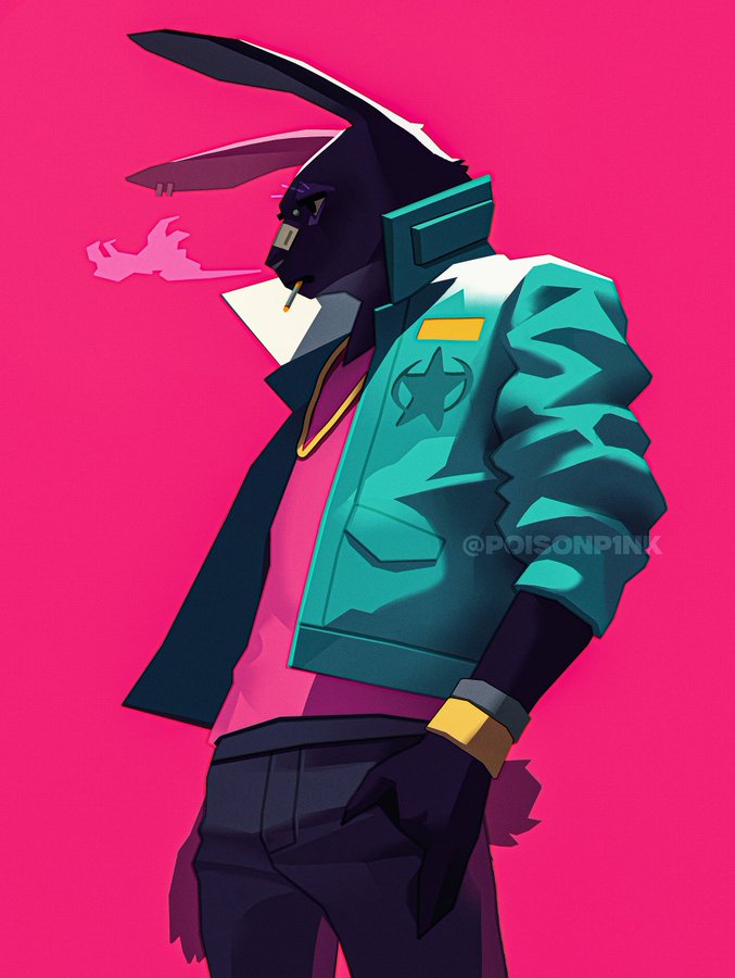 a stylish anthropomorphic rabbit character is depicted in a dynamic pose against a vibrant pink background. the rabbit, with black fur, sports a teal bomber jacket, a pink shirt, and gold jewelry, exuding an air of coolness. the illustration is characterized by its bold lines, vivid colors, and a slight lowangle perspective, adding to the character's confident demeanor. a lit cigarette dangles from the rabbit's mouth, with a puff of smoke curling upward.