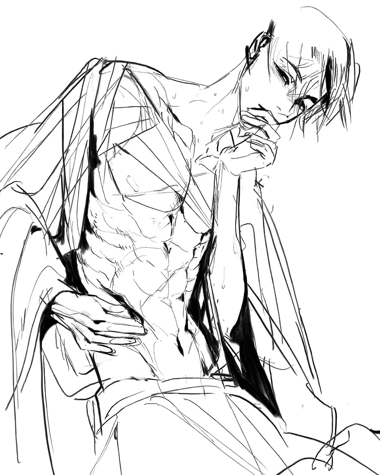 a black and white line art drawing of a man sitting with his head resting on his hand and looking down. he is shirtless and wearing a robe, with the muscles of his chest and stomach clearly visible. the lines are bold and dramatic, with a sense of mystery surrounding the subject. the drawing is evocative and suggestive, capturing the essence of a pensive, yet alluring, individual.