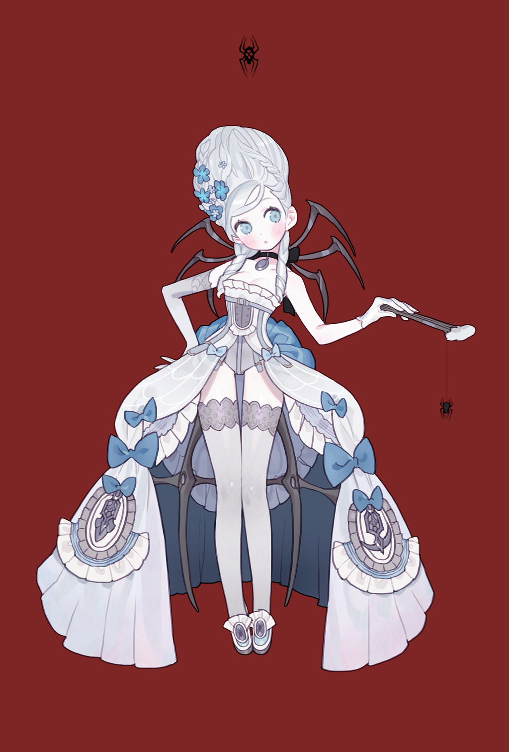 the image features an animestyle girl with white hair, dressed in an elegant, white dress with blue accents and a spiderweblike pattern. she has a spiderweb attached to her back and a spider dangling on a string. the background is a solid red. the image is drawn in a light and delicate style and evokes a spooky, gothic, and charming aesthetic. the girl's sweet expression and overall design create a sense of innocence and elegance, while the spiderweb and the spider add a touch of mystery and the spooky.