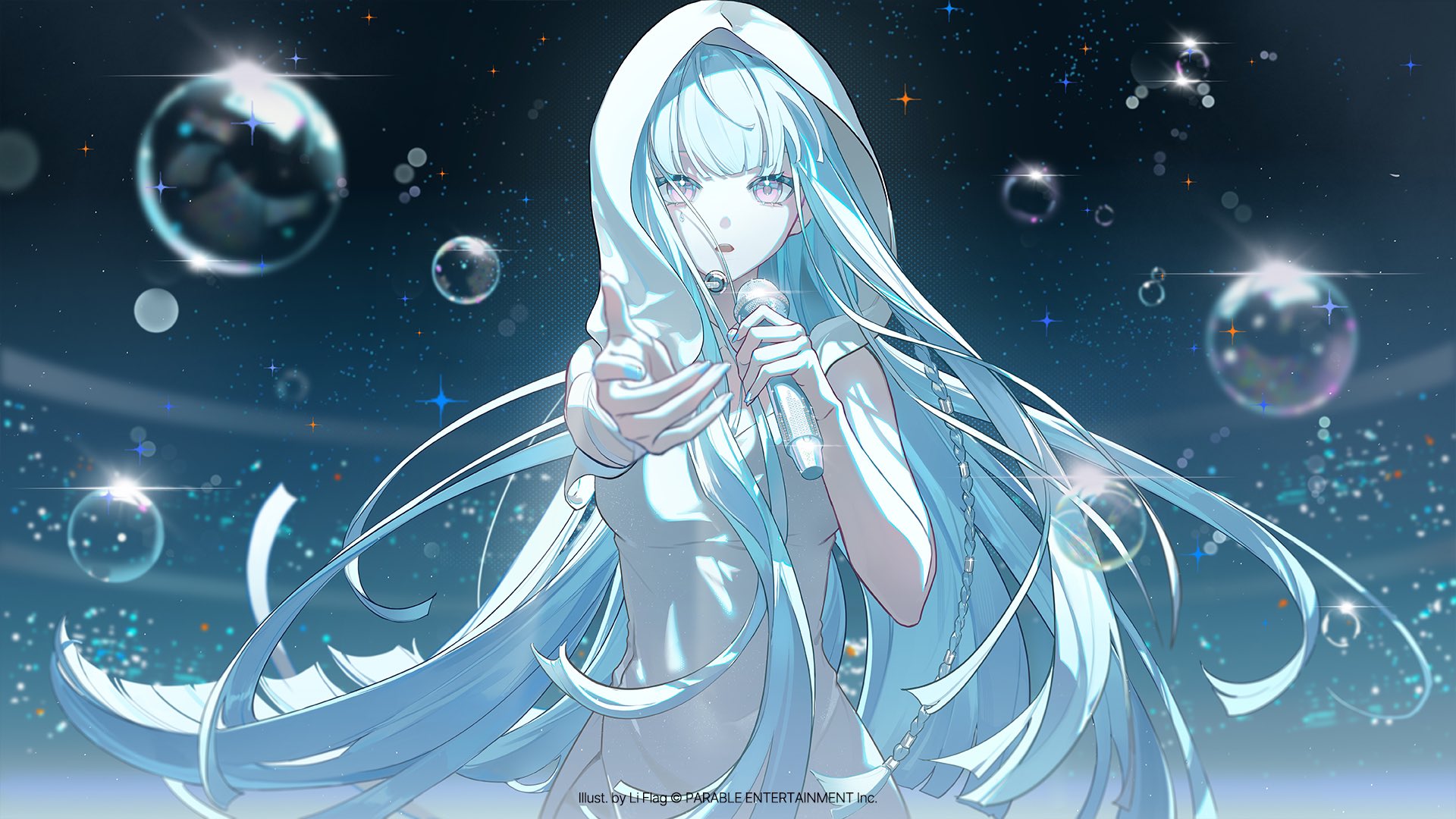 the image is a digital illustration of an animestyle female singer. she has long, flowing light blue hair, and is wearing a white hooded cloak and a simple white dress.  she's holding a microphone and appears to be singing on a stage. the background is a dark, spacelike setting with numerous floating bubbles and sparkles, creating an ethereal and dreamlike atmosphere. the overall style is elegant and graceful. the illustration is credited to li flag and parable entertainment inc.