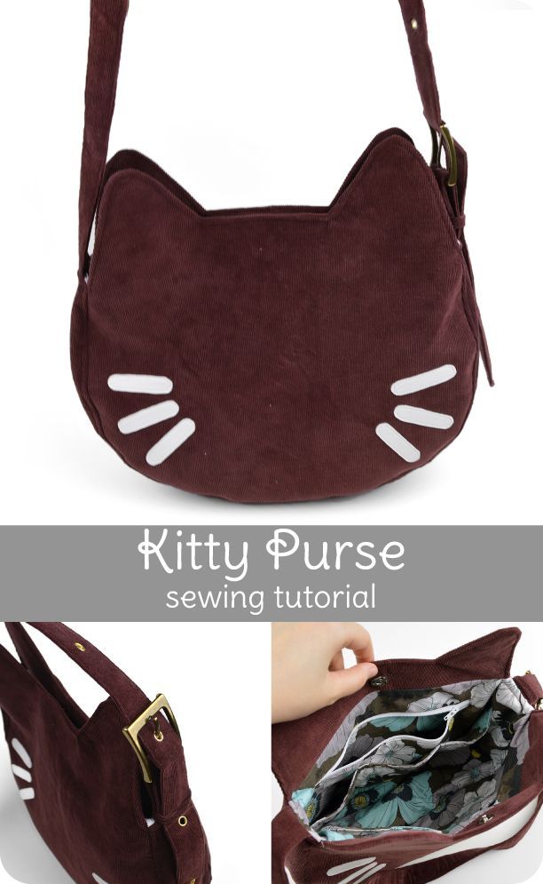 a collage of photos showing a handmade corduroy purse shaped like a cat's face. the purse is a deep reddishbrown color with white whiskers. it has a long strap and a flap closure. the interior of the purse is lined with a floral fabric and has multiple pockets.