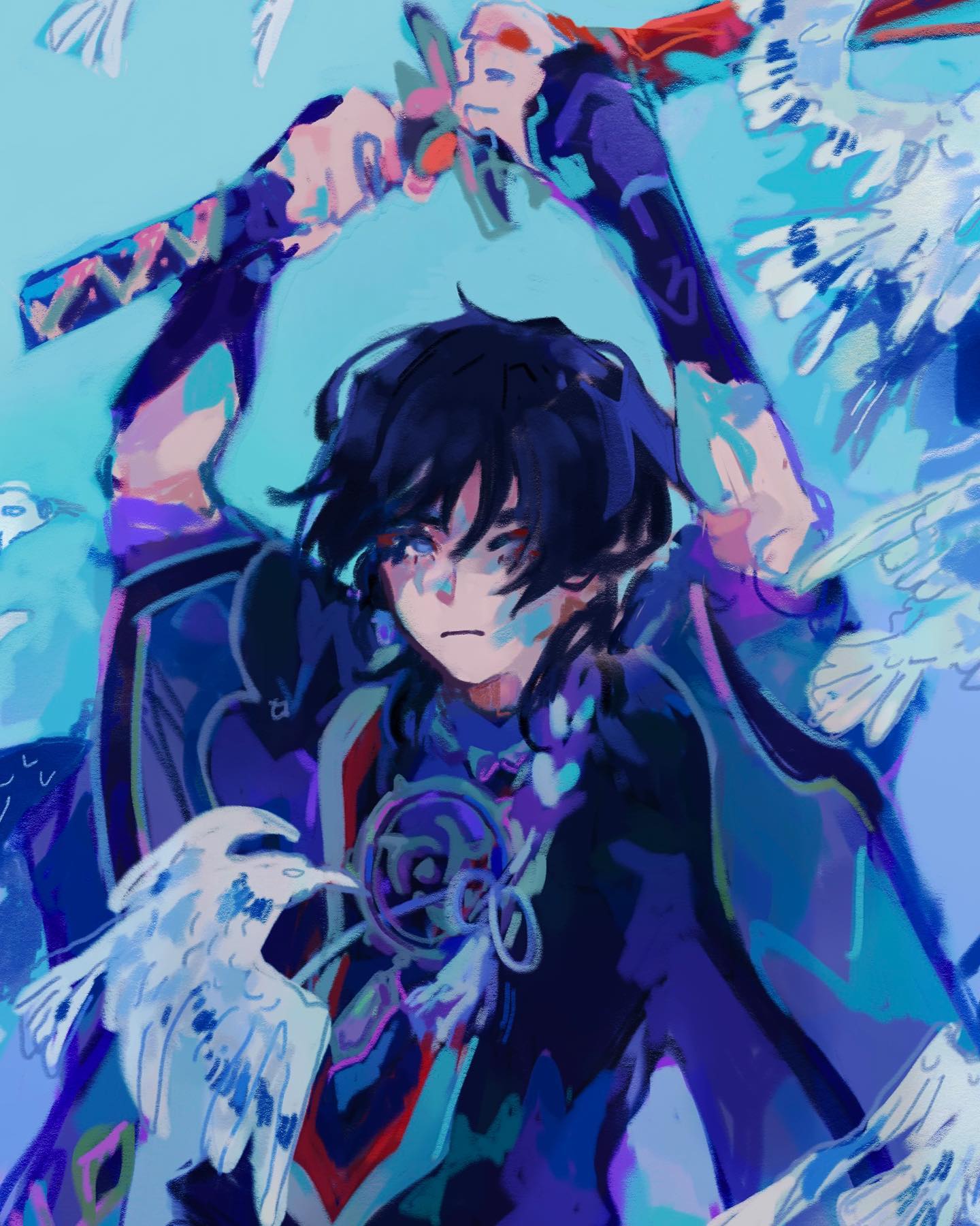 the image is a vibrant digital painting or illustration of an animestyle young man.  he has dark blue or black hair and is wearing a dark purple and blue outfit. he appears to be wielding a sword or a similar weapon, holding it aloft.  the background features numerous stylized white birds in motion around him, giving a sense of movement and ethereal energy.  the art style is loose and expressive, with visible brushstrokes and a focus on color and mood rather than precise detail. the overall impression is one of fantasy, magic, and perhaps a moment of intense action or release.