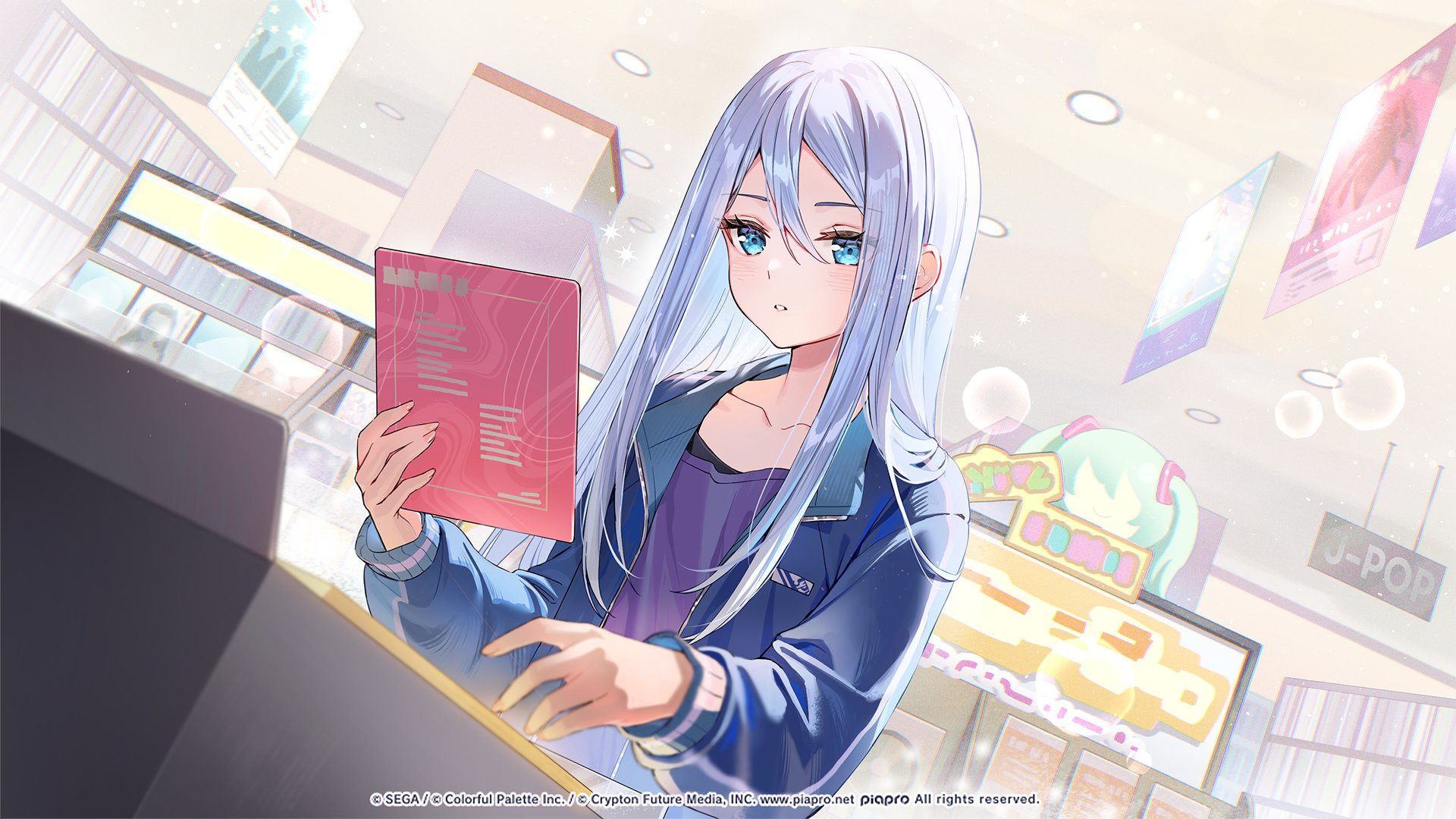 an anime girl with long, light blue hair and blue eyes is standing in a music store, holding a red booklet with white lines. she wears a purple shirt under a blue jacket. in the background, there are neon signs, posters, and shelves filled with music items, including a sign that says "jpop". the copyright information is visible at the bottom.