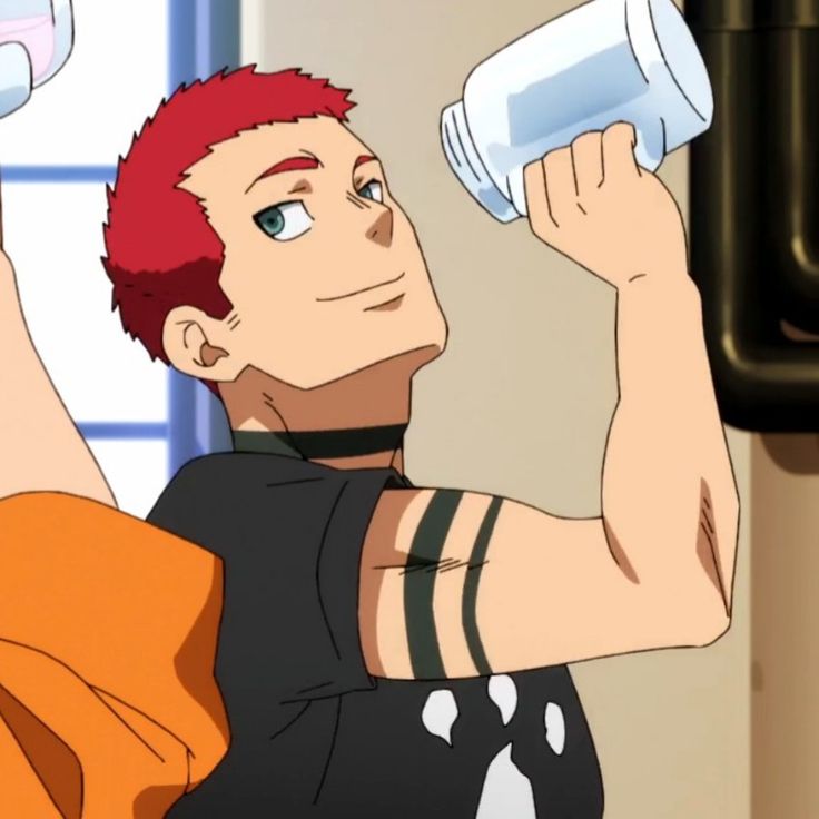 an anime male character with red hair and a black shirt is smiling and drinking from a bottle. he has a tattoo on his arm and is looking up. his arm is flexed, showing off his muscles. the background is out of focus.