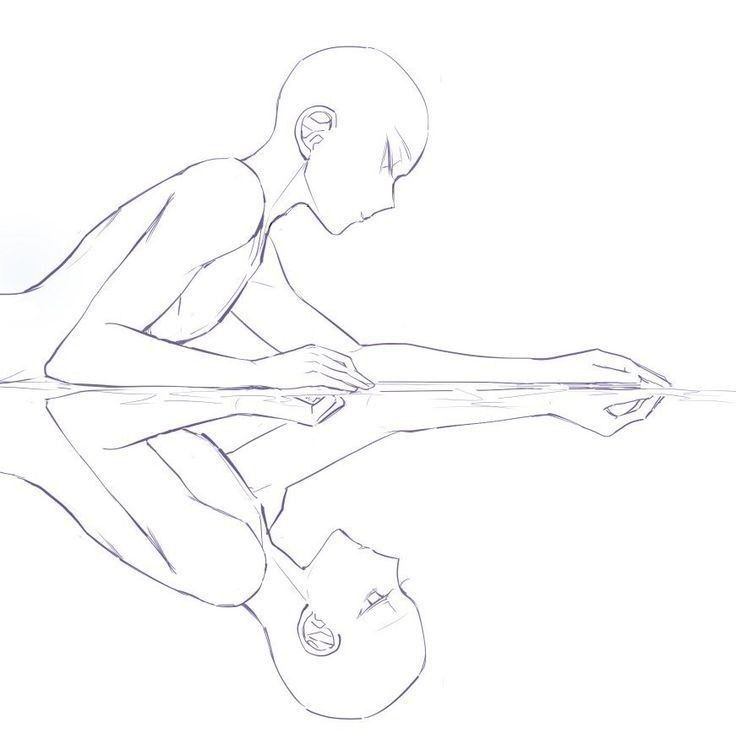 a line art drawing of two anime characters, one laying on their back and the other leaning forward, creating the illusion of a reflection in water. the characters are sketched in a simple style, with no details or clothing.
