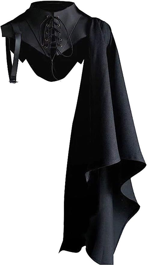 a black leather collar with a laceup front and a long black cape attached to one side. the collar has a pointed, gothic style.