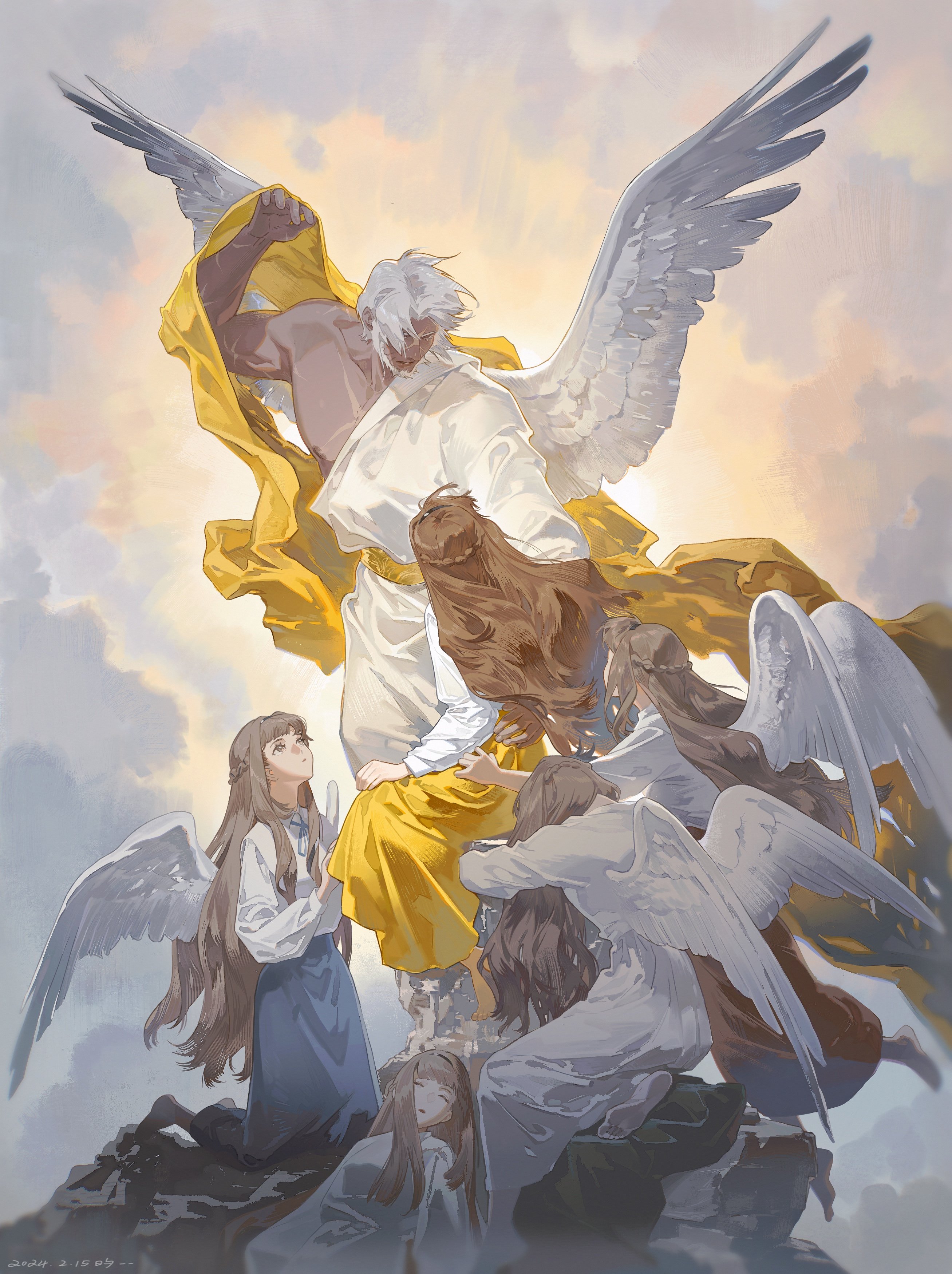this artwork depicts a scene of angels in heaven, with a central figure appearing to be an angel or god. the central figure is a male with white hair, a bare chest, and a flowing white garment, holding a yellow robe with his right hand. he is surrounded by four angels with white wings and robes. they are all kneeling before him in a gesture of worship. the artwork is set against a background of clouds and sky, creating a sense of heavenly majesty. the colors are soft and ethereal, with a focus on white, gold, and pale blue. this artwork evokes a sense of spirituality and faith, suggesting a connection to the divine. the image is beautiful and inspiring, inviting viewers to reflect on the beauty and wonder of heaven.