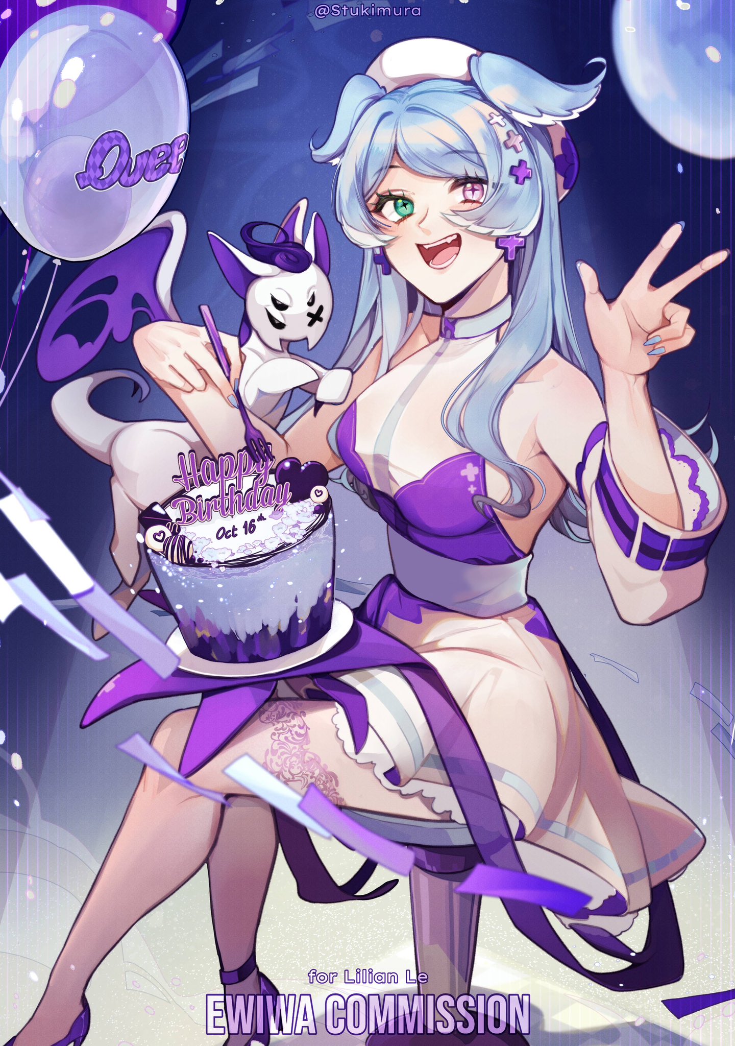 the image is a colorful anime illustration of a cute girl with blue hair wearing a purple and white dress, celebrating her birthday. she's holding a purple cake with a "happy birthday" message and there's a cute white creature with a purple head beside her. the girl has a big smile on her face and is giving a peace sign to the viewer. the image is set against a starry night background with a couple of floating blue balloons. the overall aesthetic of the image is cute and whimsical.