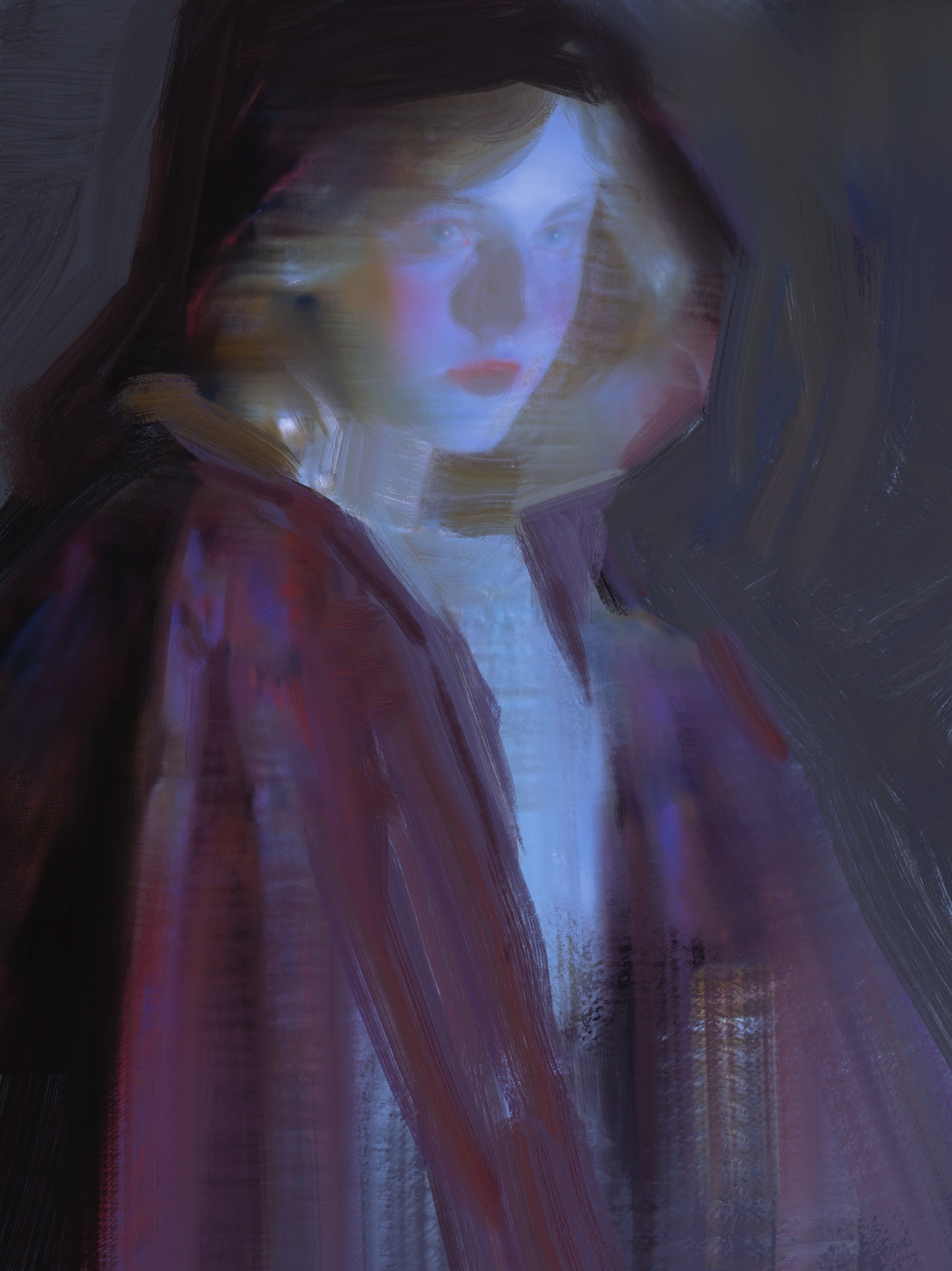 a digital painting of a woman with a hood over her head. the woman is looking to the right and has a slight smile on her face. she is wearing a cloak that is purple and blue. the painting is very abstract and the brushstrokes are visible. the woman's face is not very detailed, but her eyes are clear. there is a sense of mystery and intrigue in the painting.
