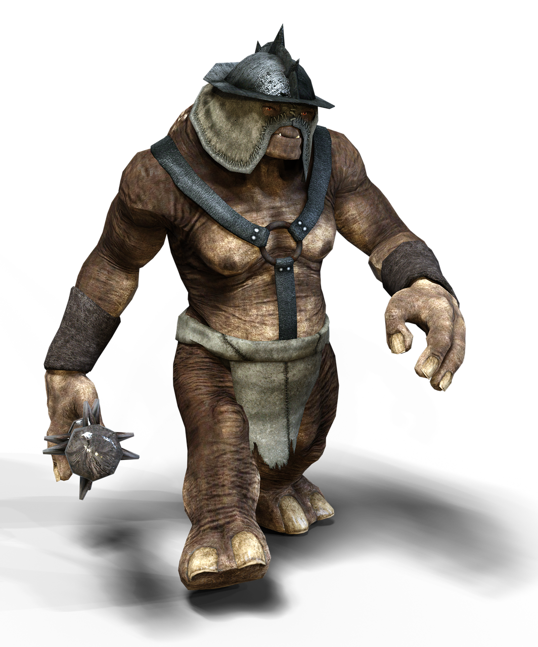 a brownskinned, muscular humanoid troll stands with a mace, wearing a helmet and partial armor.