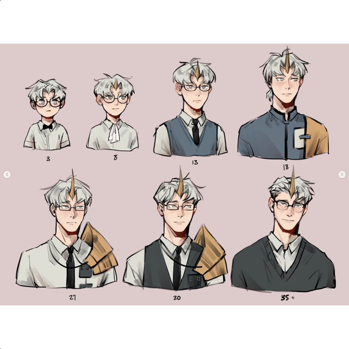 the image showcases the age progression of a male character with white hair and glasses. he grows a horn on his head as he ages. he is dressed in various outfits that suggest a professional occupation. the style is line art with flat coloring, giving it a clean and modern look.