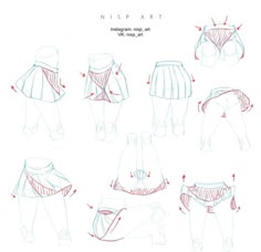 a hand drawn illustration of various skirt designs. the illustration is drawn in a simple style using black lines. the skirts are drawn in a variety of styles, including pleated, ruffled, and fitted. the illustration is set against a white background.