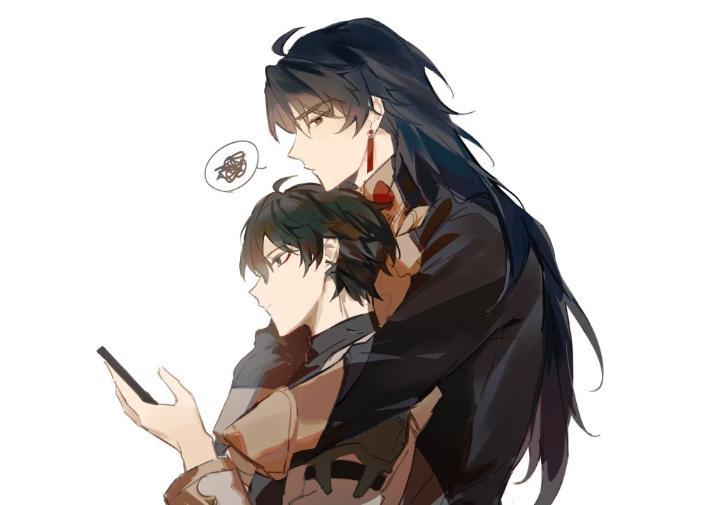 the image depicts a male couple. the one in the back is hugging the other one who is looking at his phone. the one in the back is a taller man with black hair and red eyes, he is wearing a black jacket and a red earring. the one in the front is a shorter man with brown hair, he is wearing a brown jacket. they are both looking affectionate towards each other.