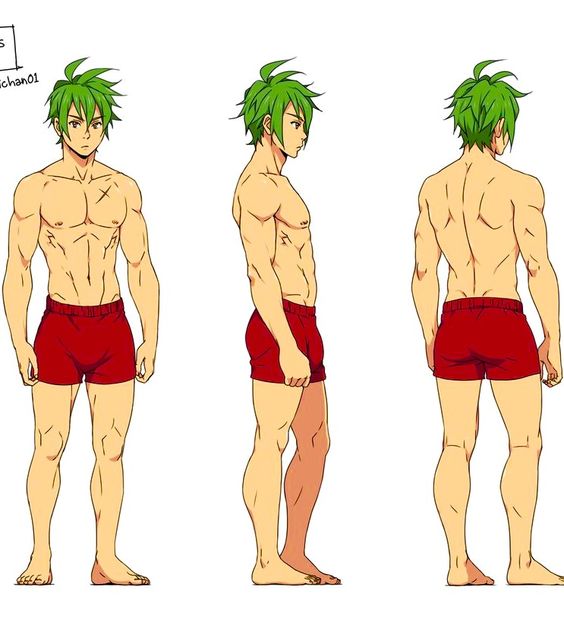 an anime illustration of a muscular male character with green hair, red shorts, standing in various poses. the character is shown from the front, side and back. he is barefoot.