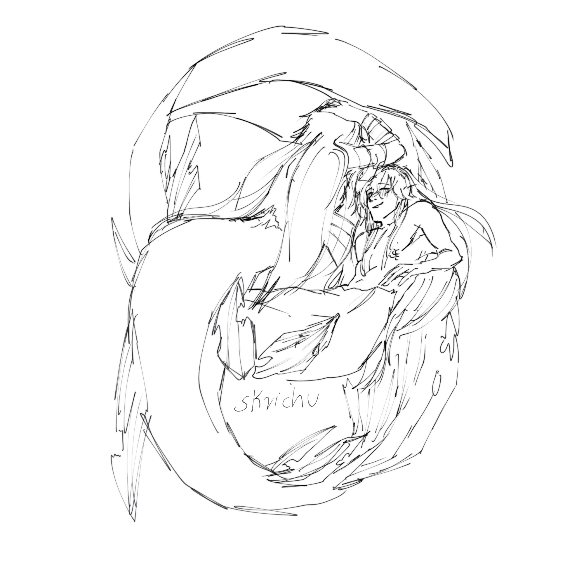 this is a line drawing of a mermaid and a merman embracing each other. the merman is on top of the mermaid, and they appear to be in love. the mermaid has a large tail with long fins and a fin on her head, while the merman has a long tail with small fins. they are both drawn in a delicate and romantic style. the drawing is in black and white and has a whimsical and dreamy feel. the signature "skrichu" is in the bottom left corner of the image.