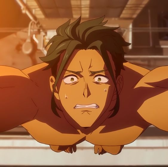 a closeup shot of an anime man with short green hair. he is shirtless, wellbuilt, and has a look of shock and fear on his face. he is sweating and his mouth is open as if he is yelling.  the lighting is warm and coming from above. the background is blurred and appears to be an industrial setting. the perspective of the image makes the man appear larger than life.