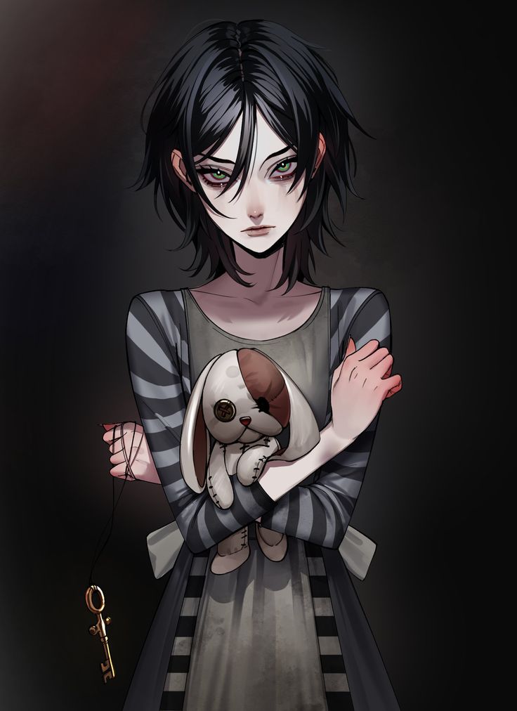 the image depicts a young anime girl with long black hair and green eyes. she looks sad and depressed, holding a stuffed rabbit toy tightly to her chest. a key is attached to a chain that trails down from her hand, suggesting a sense of confinement or entrapment. she is wearing a striped dress and stands against a dark background, further emphasizing her isolation and melancholy.