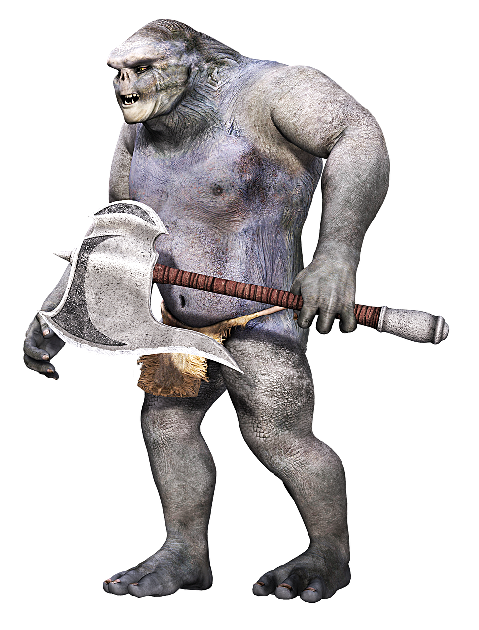 a full body shot of a 3d rendered troll holding a large axe against a black background. the troll is muscular with grey skin and a large head. it has humanlike features, but with sharp teeth and a prominent brow. it is carrying a large battle axe with a steel blade and a wooden handle. the troll wears a small piece of fabric around its waist.