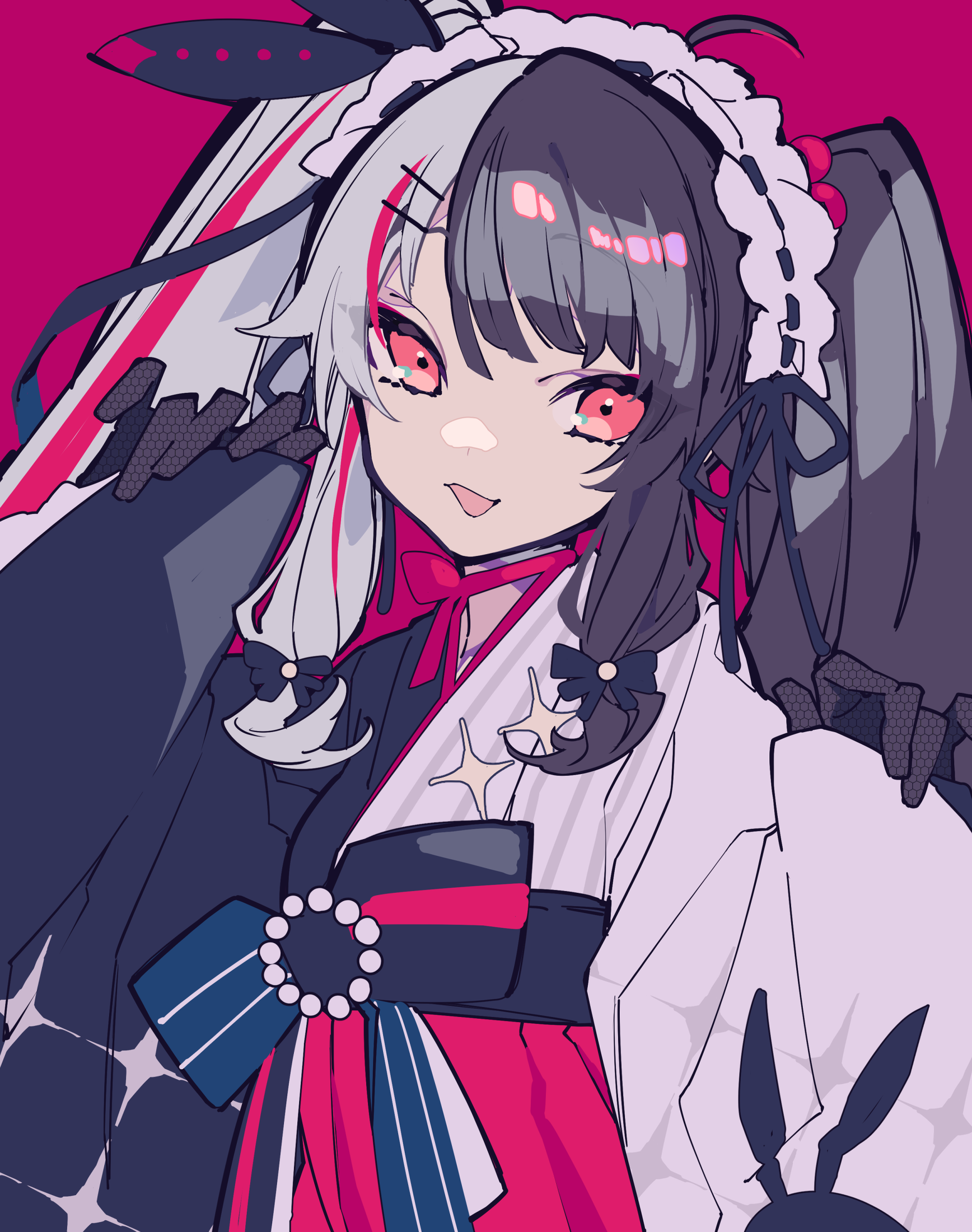 an animestyle drawing of a girl with splitdye hair (one side black, one side white), red eyes, and wearing a kimonoinspired outfit with ribbons and a headpiece that includes rabbit ears. the background is pink.