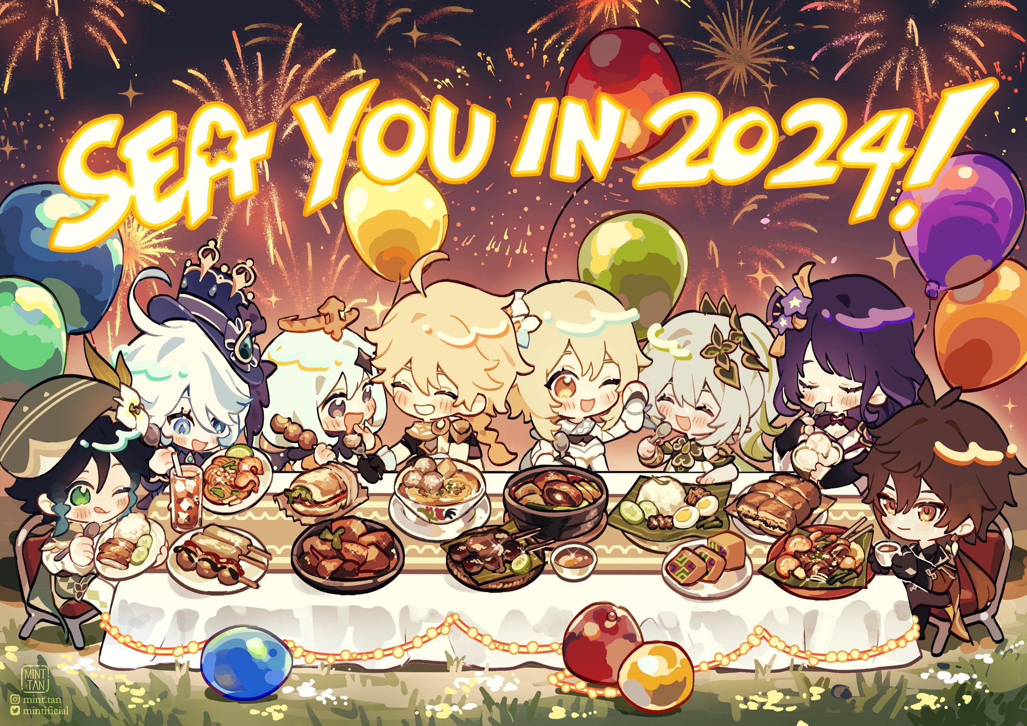 the image depicts a group of anime characters in chibi style gathered around a table laden with food, celebrating the new year 2024. the characters are from the popular video game "genshin impact." the festive scene is highlighted by fireworks in the background and colorful balloons scattered around. the characters are all smiling and enjoying their meal, showcasing a happy and joyous atmosphere. the table is covered in traditional asian dishes, reflecting a celebration of culture and tradition. the overall composition of the image creates a vibrant and lively portrayal of a celebratory event.