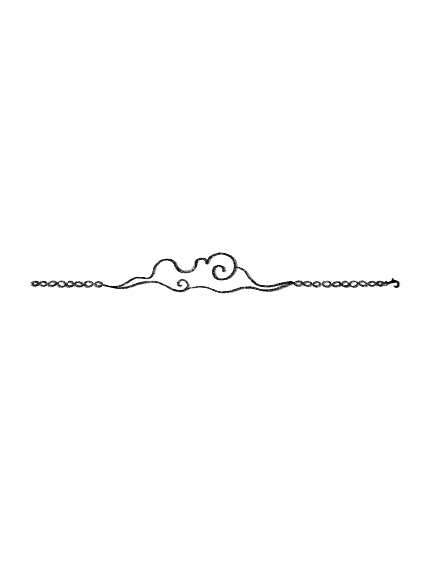 the image is a black and white line art illustration featuring a stylized cloud in the center, with a swirl detail within. the cloud is connected to two chains extending outwards from each side. one end of the chain has a small arrow. it resembles a decorative border element.