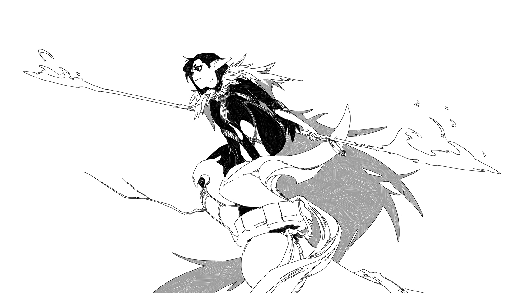 the image is a black and white illustration in anime/manga style, depicting a female elflike character riding a large, stylized creature. the elf holds a long spear with flames emanating from its tip, indicating magical abilities.  the art style is dynamic and expressive, with sharp lines and hatched shading creating texture and movement. the background is plain white, focusing attention on the figures. the overall mood is one of fantasy and action, suggesting a powerful and dramatic scene.