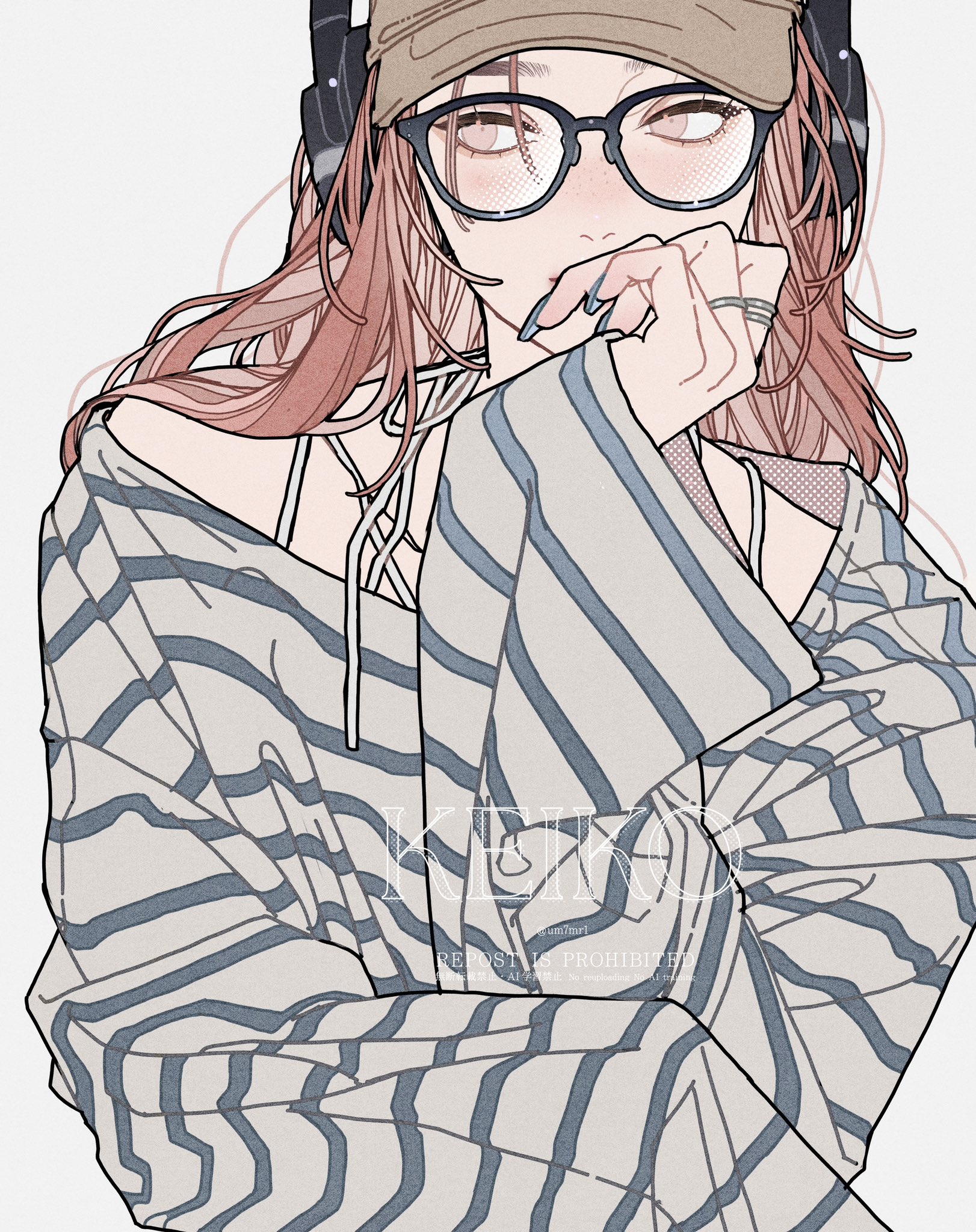 an animestyle illustration of a girl with pink hair wearing glasses, a tan cap, and headphones. she's wearing a striped oversized hoodie and has a ring on her finger. her hand is near her mouth in a contemplative pose. the words "kiko" and "reposts prohibited" are superimposed on the hoodie.