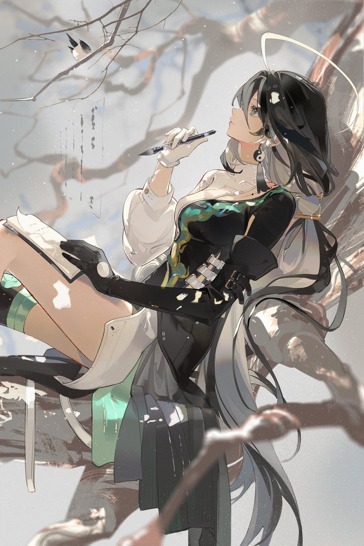 a young woman with long, black hair and striking green eyes is perched on a snowdusted tree branch, seemingly lost in thought. she wears an elegant outfit blending white and black with accents of turquoise and gold. her pose is relaxed yet graceful as she holds a notebook and pen, hinting at a moment of creative inspiration. the winter forest provides a serene backdrop, with delicate branches framing the scene and a lone bird perched nearby. the soft, natural lighting enhances the tranquility of the moment.