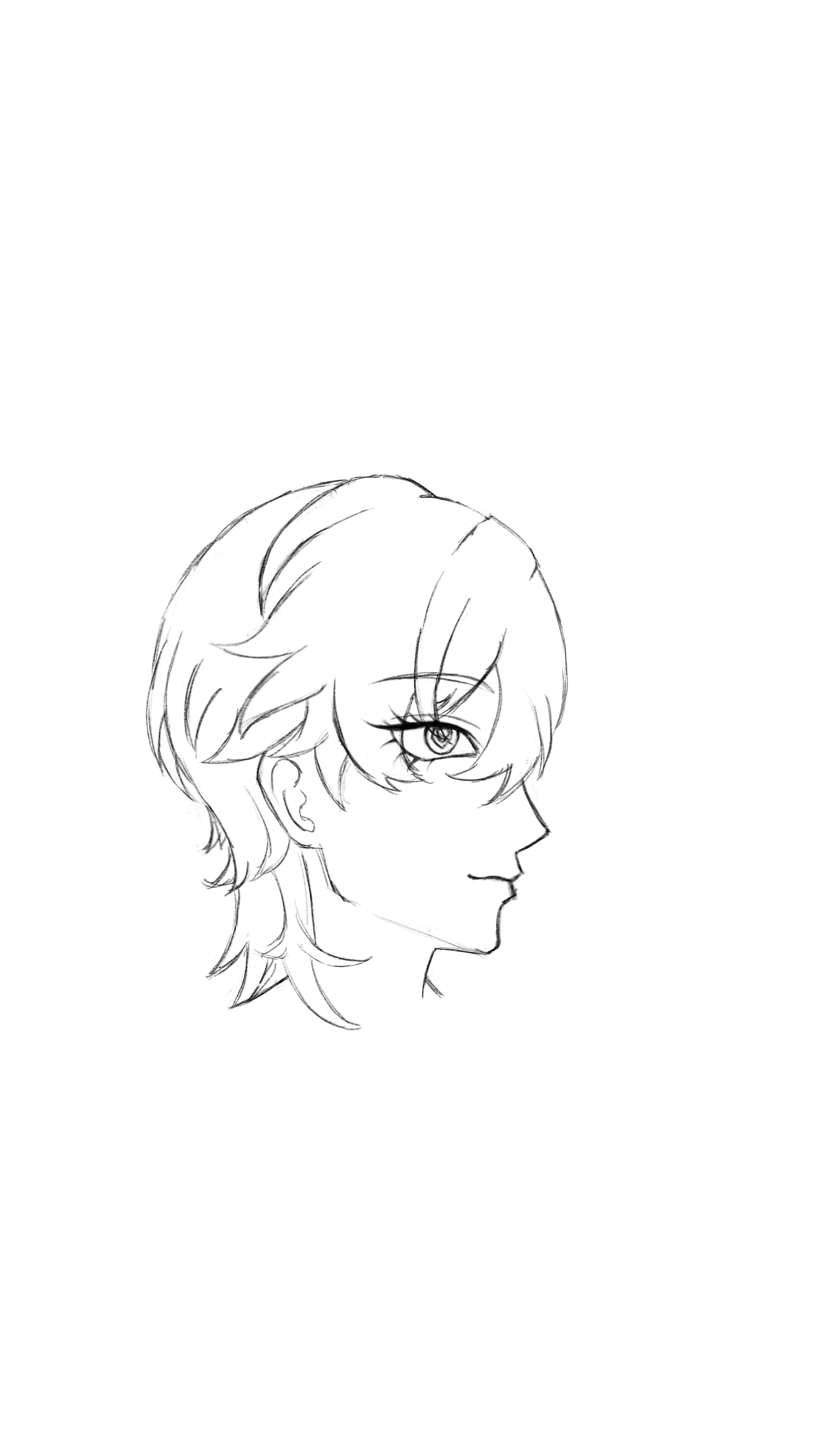 a sketch of a person's side profile. the person has short hair, a defined eye, an ear, a nose, and a mouth. the style is reminiscent of anime.