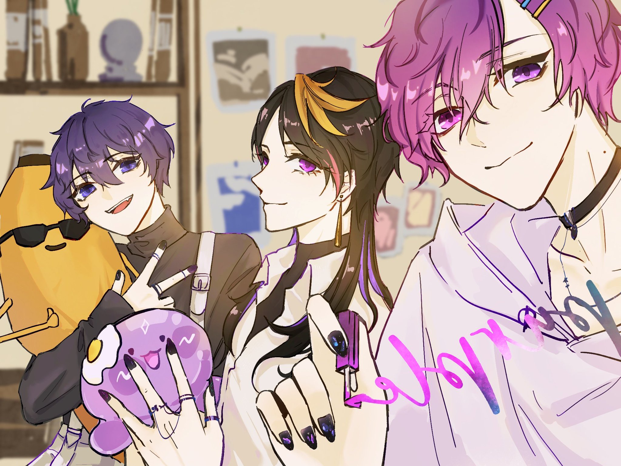 this is a digital drawing of three anime characters.  there is a girl with long black hair with purple highlights and a girl with short purple hair.  they are both smiling and looking happy.  the boy on the right has long purple hair. he is smiling and is in the foreground.  the characters are dressed in casual clothes and they all seem to be enjoying each other's company.  the background is a blurredout image of a bookshelf with a few books and a couple of items on the shelf.  the drawing is done in a colorful style and is vibrant and cute.