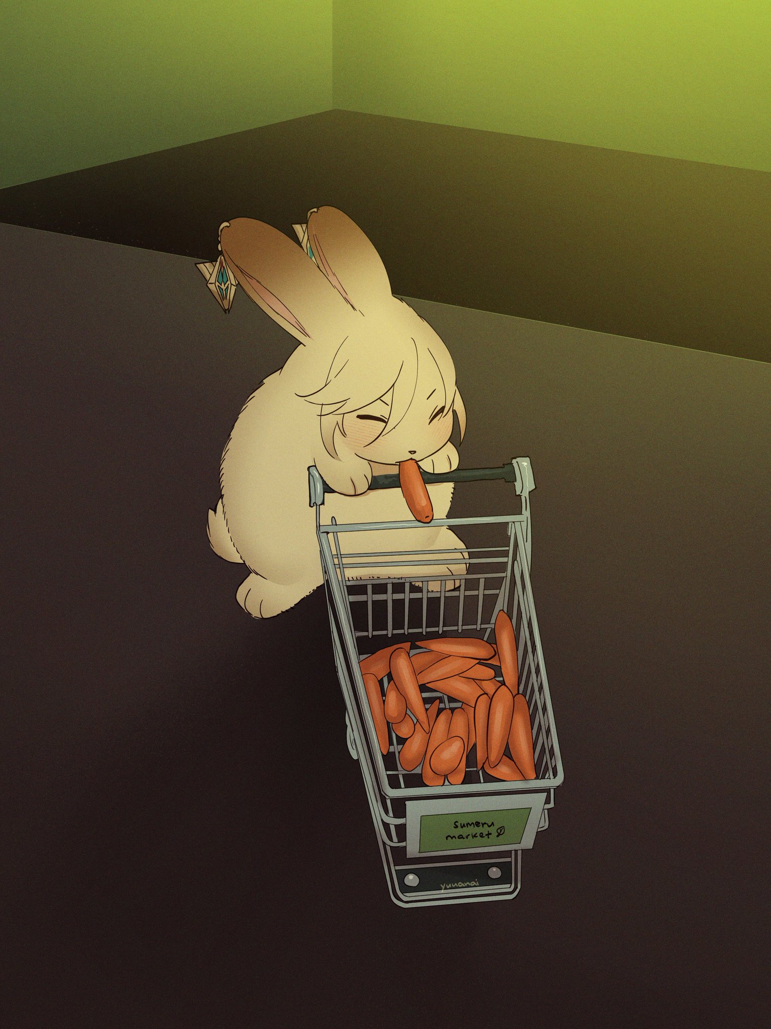 a cute white rabbit with long ears is pushing a small shopping cart full of carrots, with a carrot sticking out of its mouth, in a yellowgreen room.