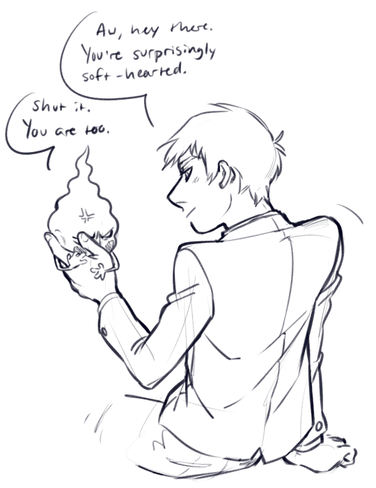a man in a suit is holding a small, blushing ghost in his hand. the ghost is yelling, "shut it. you are too," in response to the man's comment about him being "surprisingly softhearted".