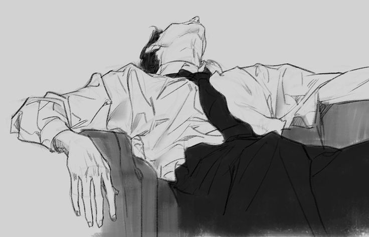 a black and white sketch of a man sitting on a chair. he is wearing a white shirt, black pants, and a tie. the man is leaning back, with his head tilted up and eyes closed, appearing relaxed. the sketch is done in pencil and has a soft, flowing style.