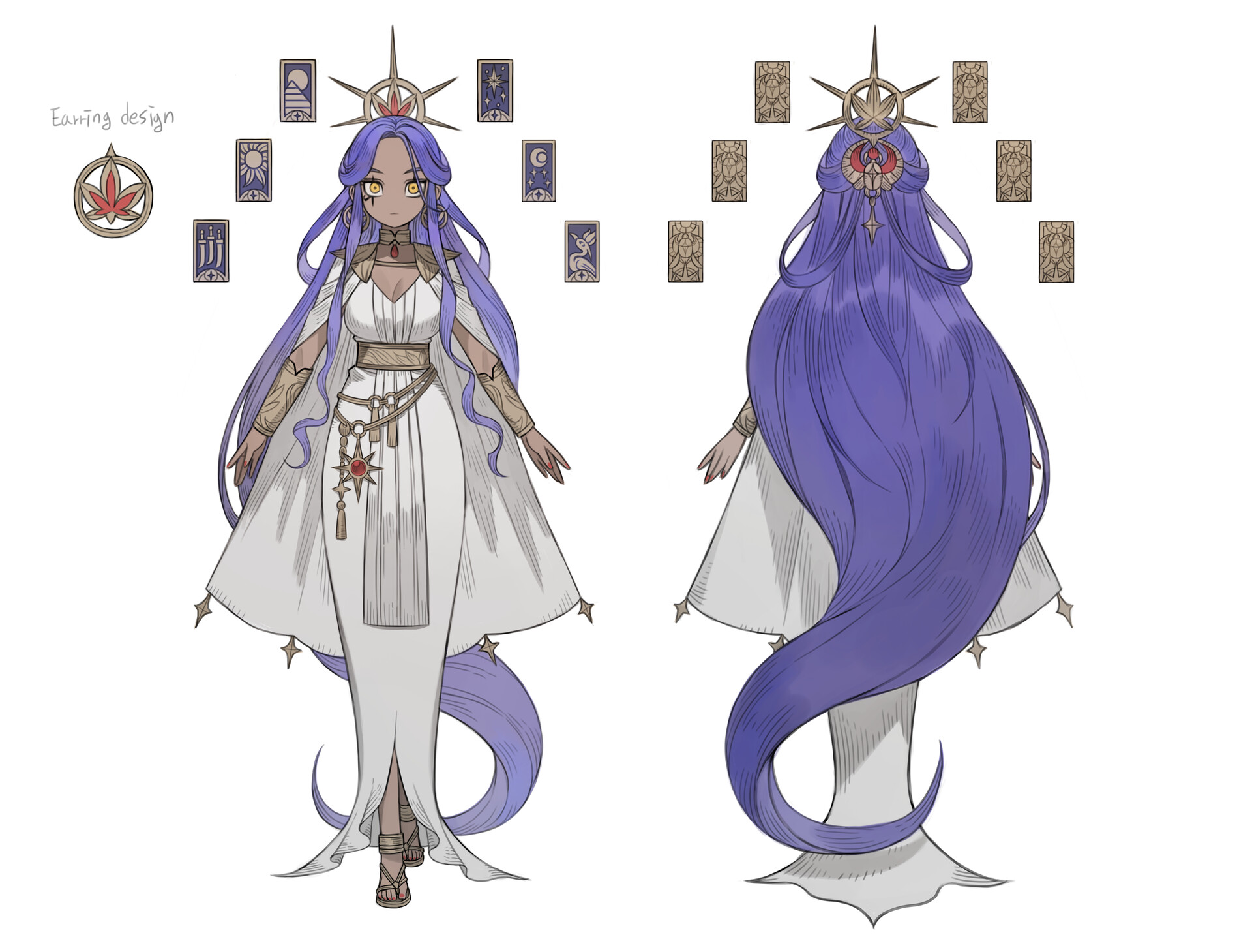 the image showcases the front and back view of a female character design, potentially a goddess or priestess, set against a white background. she's adorned in a flowing white dress, accented with gold embellishments. her long, purple hair cascades down her back, and a crown reminiscent of the sun adorns her head. surrounding her are stylized depictions of tarot cards, hinting at a connection to fortunetelling or mysticism.  the overall aesthetic leans towards an elegant and ethereal style.