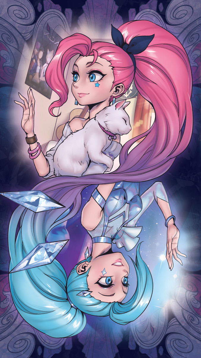 this is an illustration of two anime girls, one with pink hair and the other with blue hair. the girl with pink hair is holding a white cat and smiling. the girl with blue hair is upside down and smiling. the artwork is set in a magical, fantasy setting with a starry background.