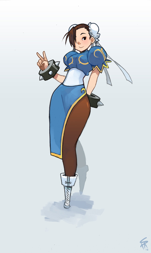 the image shows a cartoon illustration of chunli, a popular female character from the street fighter video game series. she is standing with her right leg slightly forward, her left hand on her hip, and her right hand making a peace sign. chunli is wearing her iconic blue fighting outfit with white trim and brown tights. her hair is tied in two buns, and she is wearing spiked bracelets on both wrists. the background is a simple light gray with a subtle shadow beneath the character. the overall style is playful and vibrant, with soft lighting and a focus on chunli's confident pose.