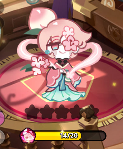 the image shows a character from the cookie run video game, specifically the peach blossom cookie. she is standing on a pink rug with a geometric pattern. above her are five stars, indicating her level or rating, with one star lit up more than the others. below her is a progress bar showing 14/20, presumably indicating her progress towards something. the character is an animestyle figure with pink hair, glasses, and a kimonolike outfit. she also has peach and flower motifs in her design.