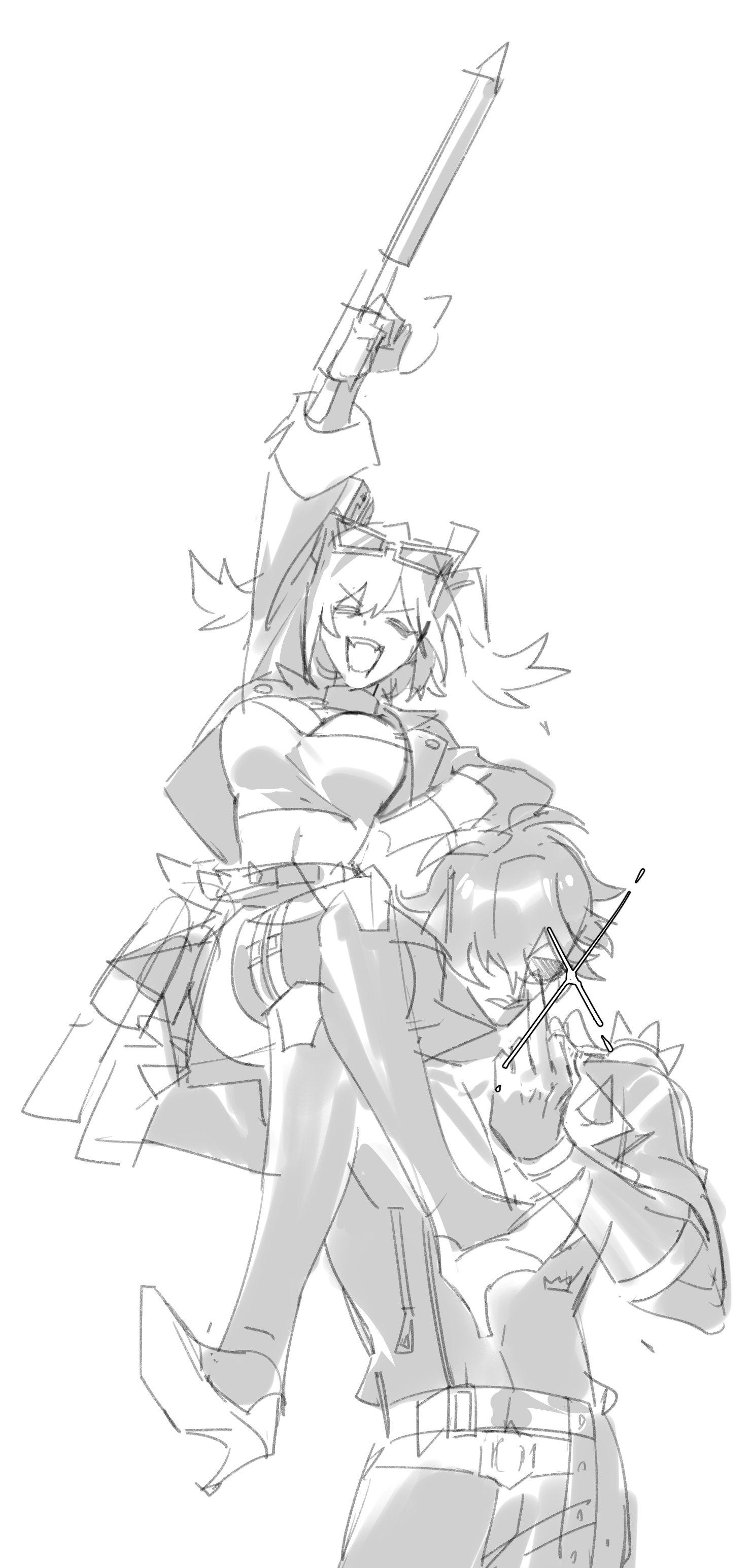 the image is a dynamic sketch depicting a playful scene between a girl and a boy. the girl, with long hair and goggles, is perched atop the boy's shoulders, holding a long rifle in a victorious pose. her expression is one of joyful excitement. the boy appears to be supporting her weight with a slight strain, yet his expression suggests amusement or tolerance.  the style is loose and expressive, typical of a quick sketch or concept art, focusing on the energy and interaction between the characters rather than precise detail.  the linework is fluid, creating a sense of movement and spontaneity. the overall impression is one of carefree energy and affectionate companionship.