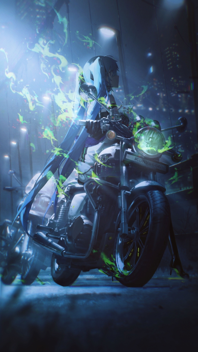 an animestyle girl with long blue hair is riding a motorcycle down a city street at night. green flames are swirling around her and the motorcycle. the city background is blurred with streetlights. the overall mood is cool and mysterious.