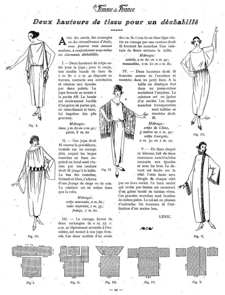 the image is a page from the french magazine "femme de france" featuring sewing patterns for various déshabillés (dressing gowns or light robes). there are five different designs, each with an illustration of the finished garment, a written description of the construction, and a diagram showing the pattern pieces. the patterns use a variety of fabrics such as crêpe satin, crêpe marocain, crêpe de chine, and voile. the designs incorporate details like fringe, tassels, beads, and ostrich feathers.