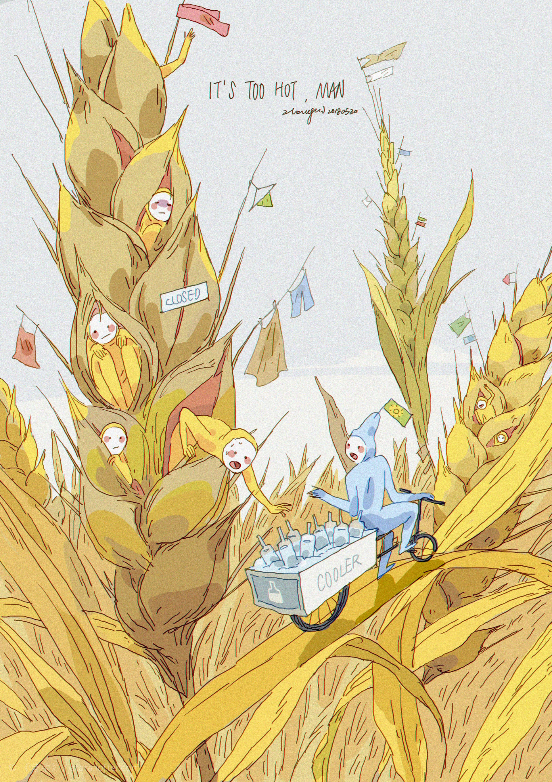 this whimsical illustration depicts a field of wheat in the summer, with some of the wheat stalks anthropomorphized as people.  one stalk is closed, while the other is selling icecold drinks from a cart.  the man selling drinks says, "it's too hot, man."   the artwork has a whimsical, cartoon style.