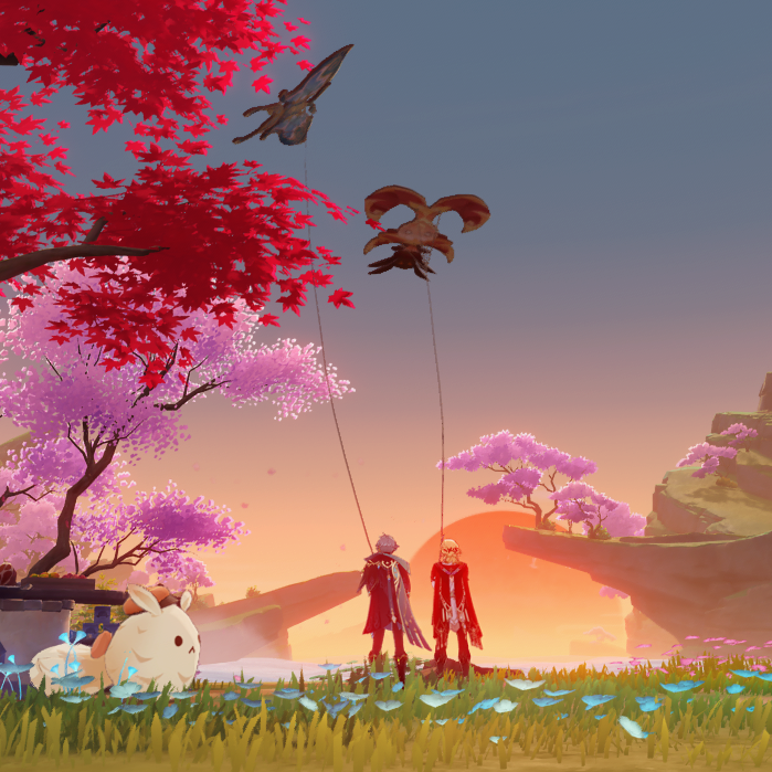 this image is from the video game genshin impact. the image is a screenshot of the game, featuring a beautiful sunset landscape. two characters stand in the foreground, with mountains, cliffs, and rivers in the background.  the sky is a beautiful mix of orange, pink, and purple, and the sun is setting behind the mountains. there are trees, flowers, and grass in the foreground, creating a very peaceful and serene atmosphere.