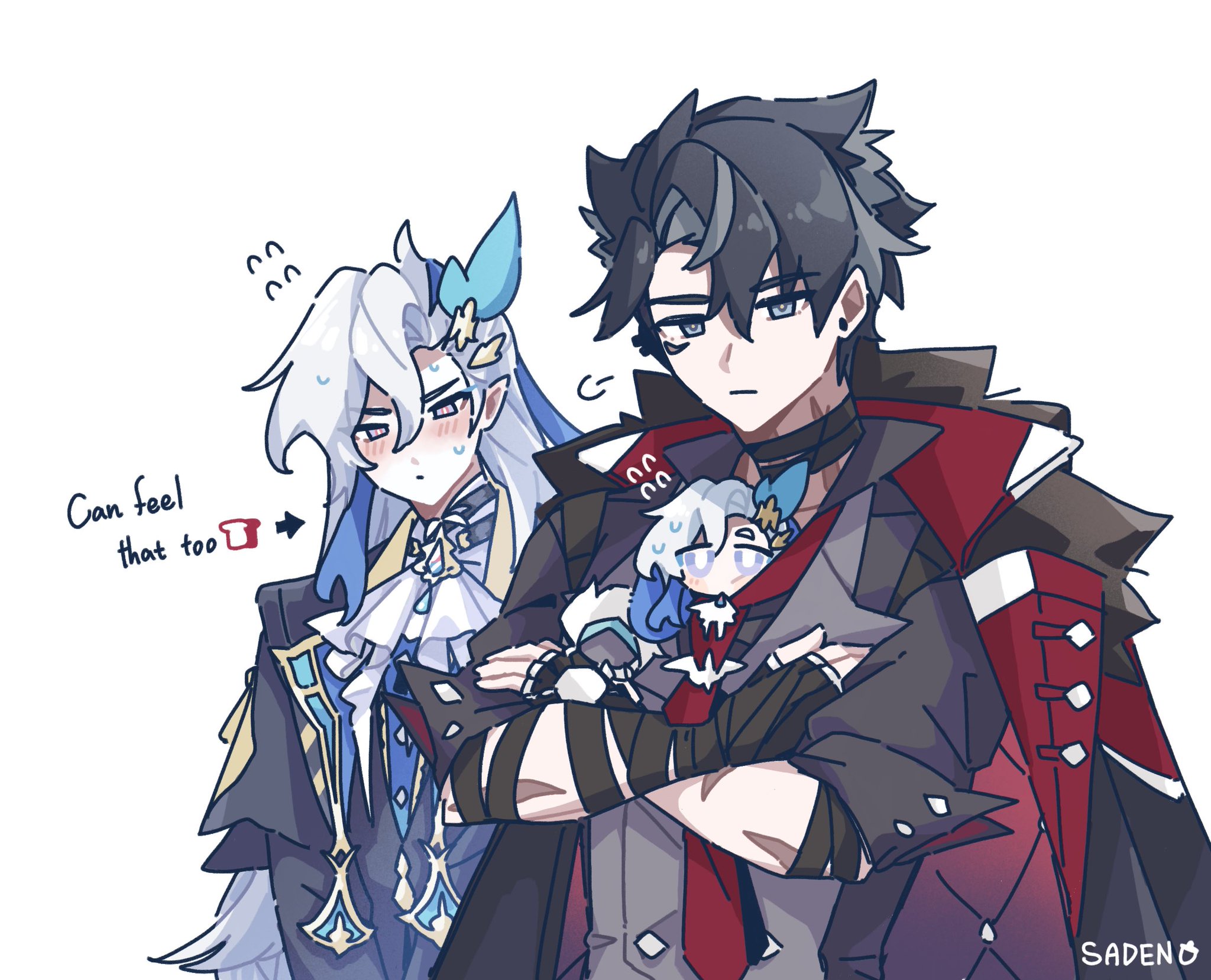 digital drawing in anime style shows three characters from genshin impact: albedo (left), itto (center), and a chibi version of a character, possibly a child or younger version of one of the others, whom itto is holding closely. albedo has long white hair, light blue accents on his outfit, and is shown blushing and sweating slightly. itto has dark gray/black hair and is wearing a dark grey jacket with red accents. he has a serious expression as he holds the small child/character closely.  the chibi character has pale blue hair.  a speech bubble near albedo says "can feel that too" with a small red drawing of a piece of toast to indicate the emotion. the background is plain white.  the artist's signature "sadeno" is present in the bottom right corner.