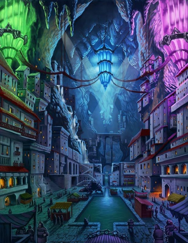 a colorful fantasy city built inside a large cave. the city is densely populated with buildings and houses along a canal filled with water. people are walking around a marketplace with stalls. a bridge crosses the canal and a waterfall cascades down a rock formation. a large, blue lantern hangs from the cave ceiling. stalactites hang from the cave ceiling. the city is illuminated by glowing lights of green, blue, and purple. suspension bridges connect buildings across the cave.