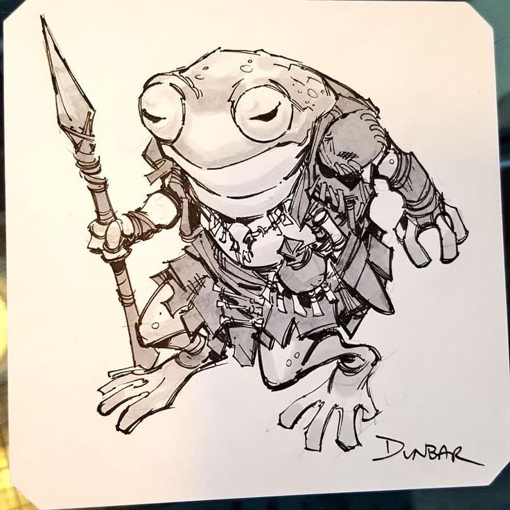 an ink illustration of a frog warrior wielding a spear. the frog has large eyes, a wide mouth, and is dressed in rudimentary armor. it stands on two legs, holding the spear in one hand and reaching out with the other. the style is reminiscent of a fantasy cartoon character. the signature "dunbar" is visible in the bottom right corner.